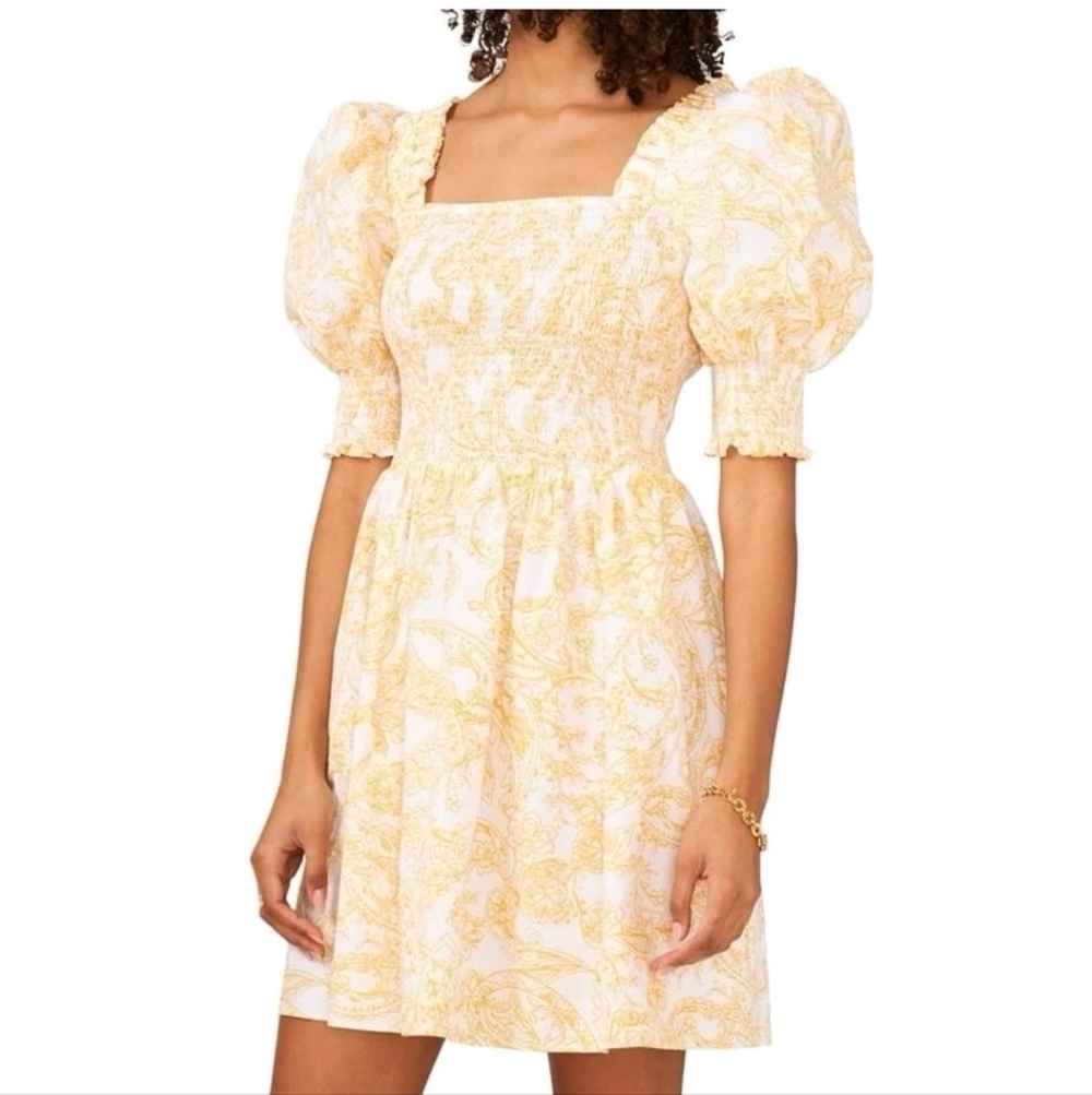1. State Women's Yellow and White Smocked A-Line Sundress Size Large